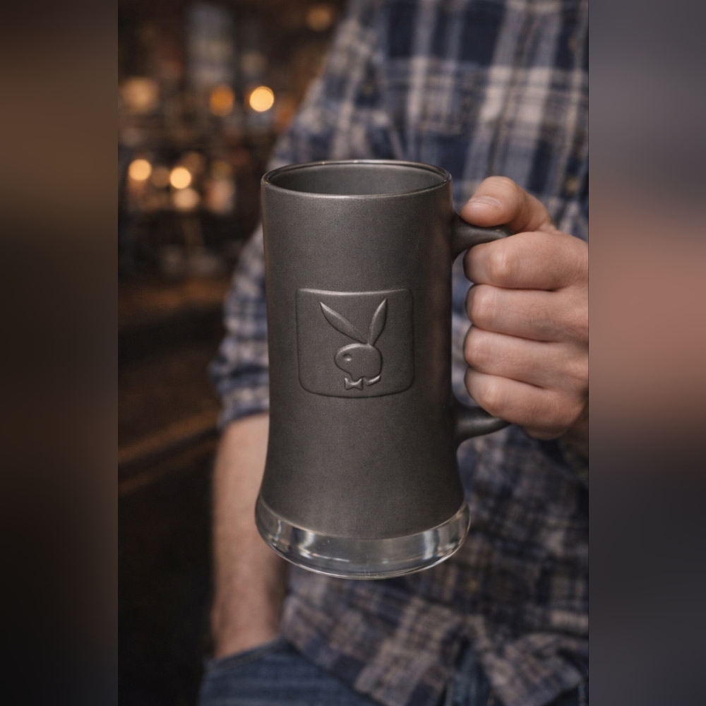 Vintage Playboy Bunny Stein Mug – Matte Grey Glass w/ Clear Bottom